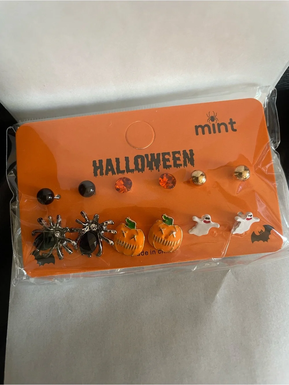 Mint Halloween Earrings Set - Spiders, Pumpkins, Ghosts, Rhinestone studs